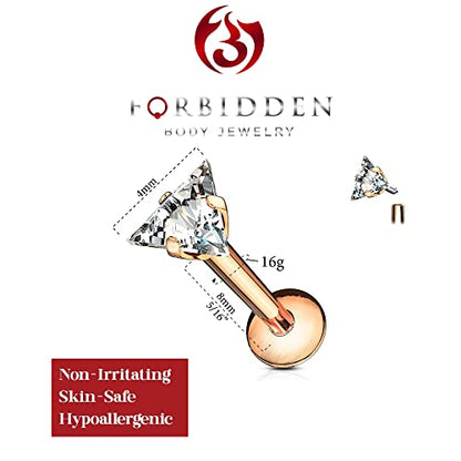 Forbidden Body Jewelry 16g Internally Threaded Surgical Steel Triangle CZ Labret Stud (Pick Color/Length) - color: Rose Gold - 5/16" (8mm)