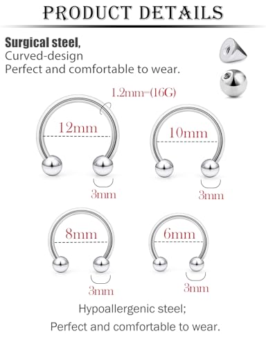 16G Horseshoe Septum Rings 6/8/10/12mm with Tool & Ball Grabber,Hypoallergenic for Nose,Rook,Cartilage,Helix,Lips-Silver Gold 316L Surgical Steel Septum Piercing jewelry - color: Horseshoe Ring 6-12mmBall/Point Tool