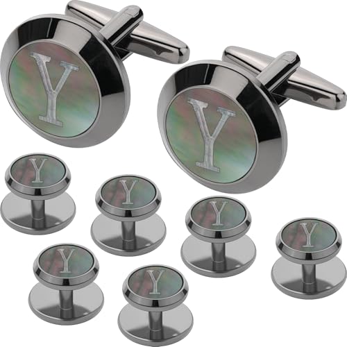 Cuff Links Mens and Tuxedo Studs Set, TAIGRAMA Gun Black Cufflinks for Men and Tuxedo Buttons Initial Tux Shirt Studs Personality Black Mother of Pearl for Formal Shirt Kit Business or Wedding - style: Letter Y