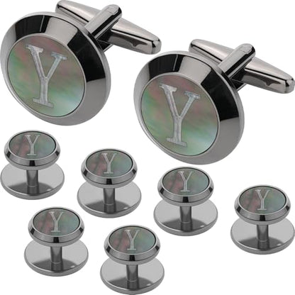 Cuff Links Mens and Tuxedo Studs Set, TAIGRAMA Gun Black Cufflinks for Men and Tuxedo Buttons Initial Tux Shirt Studs Personality Black Mother of Pearl for Formal Shirt Kit Business or Wedding - style: Letter Y