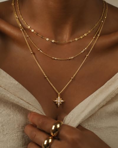 3 Pcs 14K Gold Plated Layered Gold Necklaces Stack for Women Pendant Set | Stackable Layering Design,Lightweight Fit,Tarnish-Resistant Finish,Adjustable Size,Less Tangling,Pretty Gift Jewelry - color: Gold CZ Star