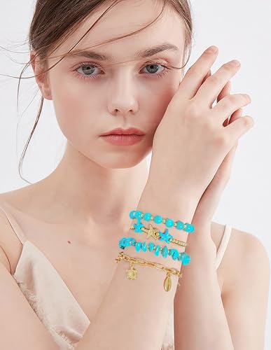 LALAPPLE Shell Bracelet Boho Beaded Stretch Bracelets for Women Seashell Strand Bracelets Starfish Charm Jewelry Summer Beach Jewelry Stackable Crystal Gold Plated Beads Bracelet for Women - style: T-Style5