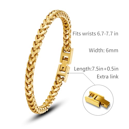 Mens Bracelet - Stainless Steel Fold Over Clasp Franco Chain Bracelets for Men - color: G-Gold