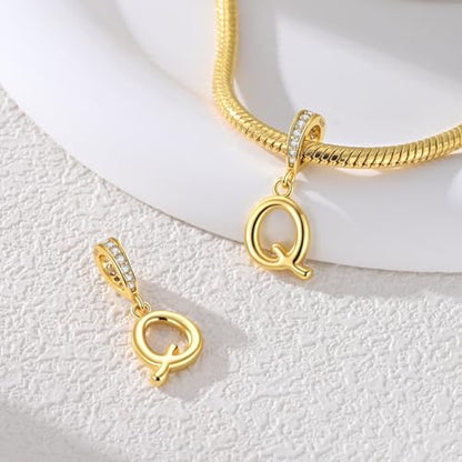 Hapour Gold Initial Letter Charms 925 Sterling Silver Alphabet Beads | 14K Gold Plated, A-Z Letter Charms, For Bracelets Necklace, Cubic Zirconia, DIY Dangle Pendant Beads, For Women Mom - color: Golden initial letter Q