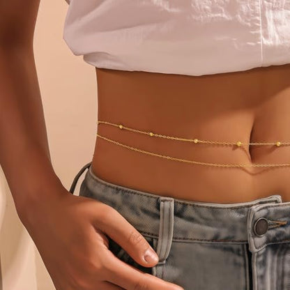 14K Gold Plated Waist Chain for Women, Layered Belly Body Chain | 2Pcs Adjustable Fit, Layered Design, Dainty Chain Styles, Bikini, Dress & Rave Outfits, Beach, Festival & Vacation - color: Gold-Plated 8