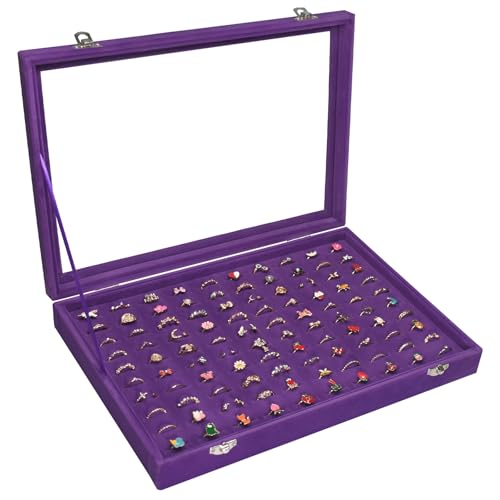 Vicoter 100 Slots Ring Organizer Tray,Velvet Ring Box with Clear Lid | Velvet Lining Provides Protection,Fits Rings of Various Sizes,Glass Lid Jewelry Tray,for Personal Use and Ring Display Purple - color: Purple