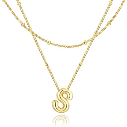 Bubble Letter Necklace for Women, 14k Gold Plated Initial Letter Pendant Necklace Personalized Jewelry A - Z 26 letters - style: Gold-S