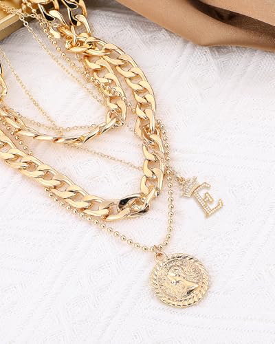 MJartoria Layered Necklaces for Women Trendy Retro Coin Crown Letter Pendant Necklace Dainty Chunky Chain Choker Necklaces for Jewelry Birthday Gifts - style: E