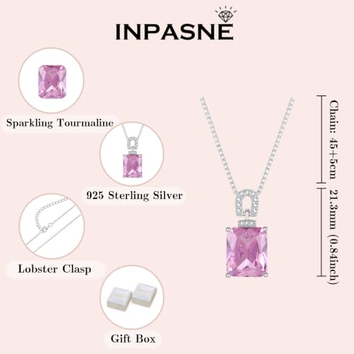 Emerald Cut Birthstone Necklace for Women 925 Sterling Silver | Baguette Birthstone Pendant Necklace, Jewelry for Mom Wife - color: Pink