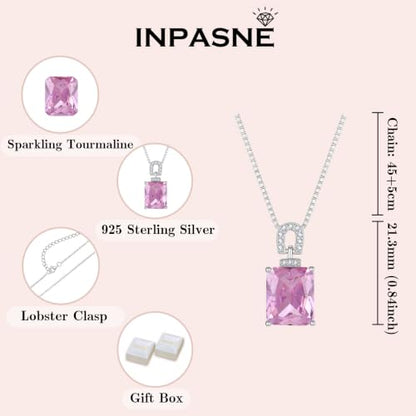 Emerald Cut Birthstone Necklace for Women 925 Sterling Silver | Baguette Birthstone Pendant Necklace, Jewelry for Mom Wife - color: Pink