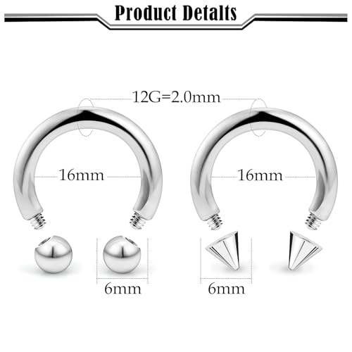 20G-00G Septum Rings horseshoes Nose Rings Hoops 316L Surgical Steel Snake Bites Lip Nipple Ring Cartilage Tragus Helix Rook Conch Daith Earrings Pa Piercing Jewelry for Women Men - style: 12G(2.0mm)-Dia:16mm