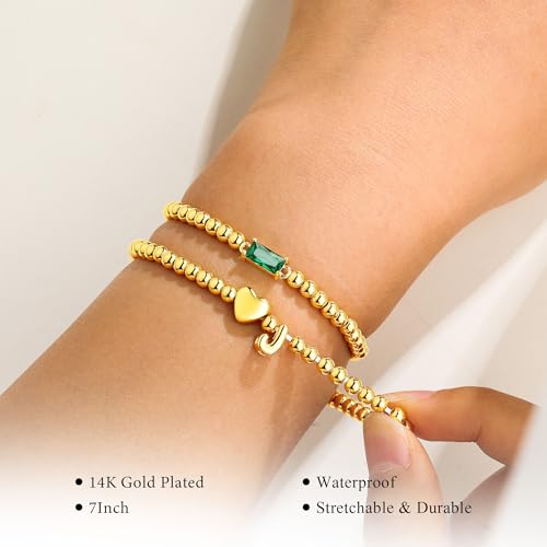 Turandoss Birthstone Beaded Bracelets for Women – Dainty 14K Gold Plated Heart Initial A-Z Charm Birthstone Bracelets, Stackable Waterproof Strand Bead Ball Bracelet Jewelry Birthday Gifts - color: May-Emerald, style: M