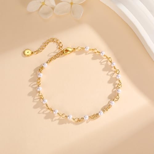 Gold Pearl Bracelet for Women, 18K Gold Plated Dainty Pearls Beaded Chain Bracelet Jewelry Gifts for Women - color: B-Gold 2