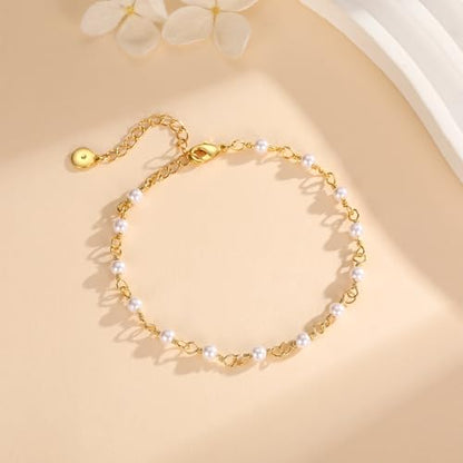 Gold Pearl Bracelet for Women, 18K Gold Plated Dainty Pearls Beaded Chain Bracelet Jewelry Gifts for Women - color: B-Gold 2