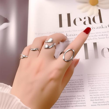 Loqimu 6 Pack Silver Midi Rings Stainless Steel Stackable Rings for Women Open Knuckle Rings Set Wide Irregular Finger Rings for Teen Girls Hug Geometric Fashion Rings Aesthetic Jewelry Gift - color: Silver