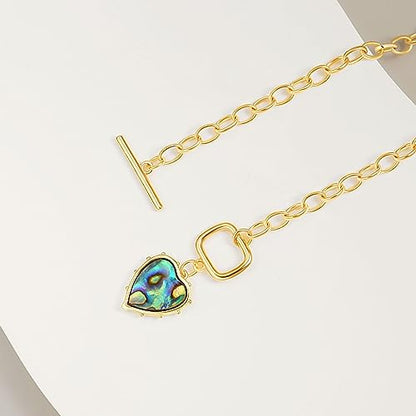 Aobei Pearl 18K Gold Plated Moon Star Lion Evil Eye Love Heart Cross Pendant Necklace Medallion Paperclip Chian Choker Layering Jewery for Women - color: Blue-green Abalone Shell