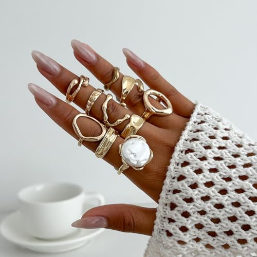 CSIYANJRY99 Gold Silver Rings Set for Women Trendy Irregular Chunky Gold Ring Baroque Pearl Rings Stackable Statement Knuckle Ring Jewelry - color: E-Gold