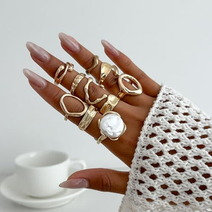 CSIYANJRY99 Gold Silver Rings Set for Women Trendy Irregular Chunky Gold Ring Baroque Pearl Rings Stackable Statement Knuckle Ring Jewelry - color: E-Gold