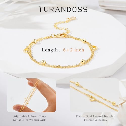 Turandoss Bracelets for Women Trendy | 14K Gold Plated, Dainty CZ Satellite Beads Heart Bracelet Stackable Link Chain Butterfly Bracelet Set Jewelry Gifts - color: Dainty Heart Link Bracelet