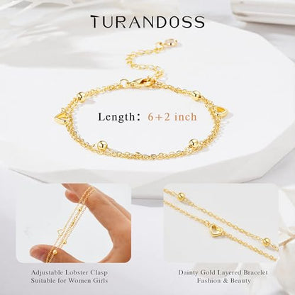 Turandoss Bracelets for Women Trendy | 14K Gold Plated, Dainty CZ Satellite Beads Heart Bracelet Stackable Link Chain Butterfly Bracelet Set Jewelry Gifts - color: Dainty Heart Link Bracelet