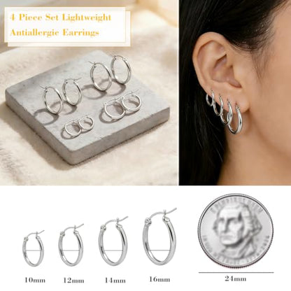 4 Pairs Gold Silver Small Hoop Earrings Huggie for Women Surgical Steel Set | 10/12/14/16 mm, Hypoallergenic, Lightweight Hoop Earrings Set, 14K Gold Silver 316L Stainless Steel, Multiple Piercings - color: Silver/4 Pairs