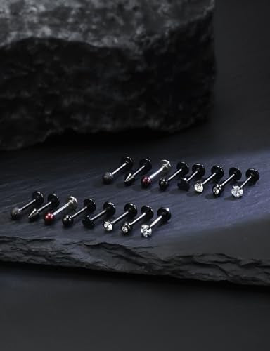 16G Flat Back Earrings Nose Studs 316L Surgical Steel Medusa Labret Monroe Lip Ring Tragus Forward Helix Conch Cartilage Lobe Earrings Stud Piercing Jewelry For Women Men 8MM Bar Length - color: Black