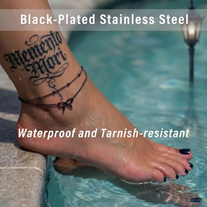 Quietsun Trendy 2 Layers Anklet Bracelets for Women-Waterproof-Adjustable-for General/Big Anklets-Gold/Silver - color: Black-Plus