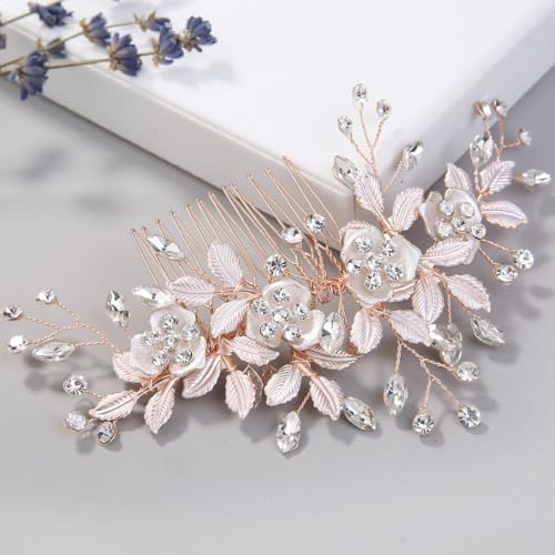 Bridal Hair Accessories Wedding Hair Comb for Brides, Handmade Rhinestone Hair Wedding Head Pieces for Women and Bridesmaids Flower Girls, Light Rose Gold - color: Light Rose Gold