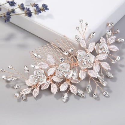 Bridal Hair Accessories Wedding Hair Comb for Brides, Handmade Rhinestone Hair Wedding Head Pieces for Women and Bridesmaids Flower Girls, Light Rose Gold - color: Light Rose Gold