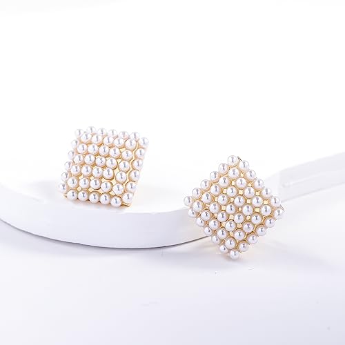 YOQUCOL Simulated Pearl Flower-Cluster Shape Clip On Stud Earrings Non Pierced Ear Earrings for Women - color: Diamond-shaped
