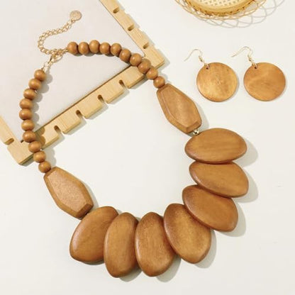 Coiris Chunky Wooden Necklace and Earring Set for Women Boho Statement Jewelry Ethnic Accessories - color: Wood