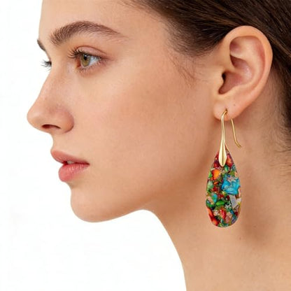Boho Natural Imperial Jasper Teardrop Dangle Earrings for Women – Hypoallergenic French Hook Stone Drop Earrings Jewelry - color: Colorful Golden Hook #3