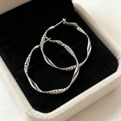 Women's Gold and Silver Twisted Hoop Earrings, 14K Gold Plated Textured Earrings, Hypoallergenic Lightweight Fashion Jewelry, Suitable for Daily Wear, Party, Wedding or as a Gift for Women - color: Silver
