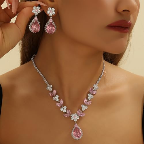 OIDIMS Elegant Teardrop Flower Leaf Wedding Bridal Jewelry Set for Women Ladies Cubic Zirconia Pendant Choker Necklace Drop Dangle Earring Fashion Evening Party Formal Costume Accessories Jewelry - color: Pink