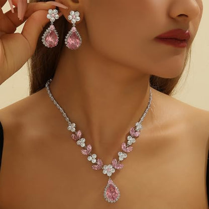 OIDIMS Elegant Teardrop Flower Leaf Wedding Bridal Jewelry Set for Women Ladies Cubic Zirconia Pendant Choker Necklace Drop Dangle Earring Fashion Evening Party Formal Costume Accessories Jewelry - color: Pink