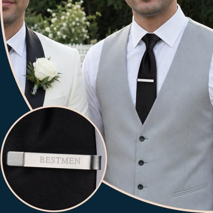 HAWSON Father of the Bride and Groom Tie Clip Best Man Skinny Stainless Steel Marriage Tie Bar Wedding Gift for Man - style: BESTMEN
