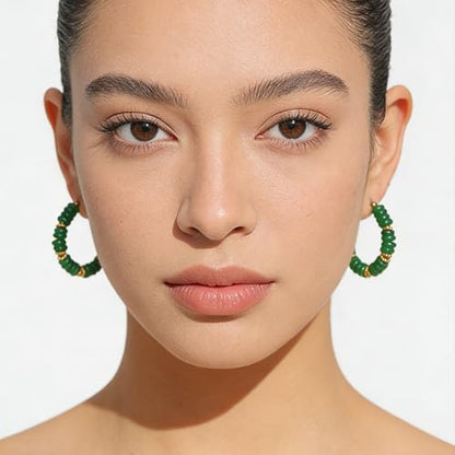 Wellike Beaded Hoop Earrings for Women Natural Stone Pink Gold Huggie Earrings Hypoallergenic Dainty Waterproof Trendy Jewelry - color: green, size: 35mm