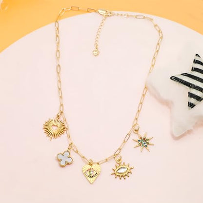 JNF Cute Shell Conch Boho Charm Necklace for Women Sun Moon Star Coin Heart Flower Boot Bow Charms Necklaces Summer Beach Jewelry - color: rhinestone heart star necklace