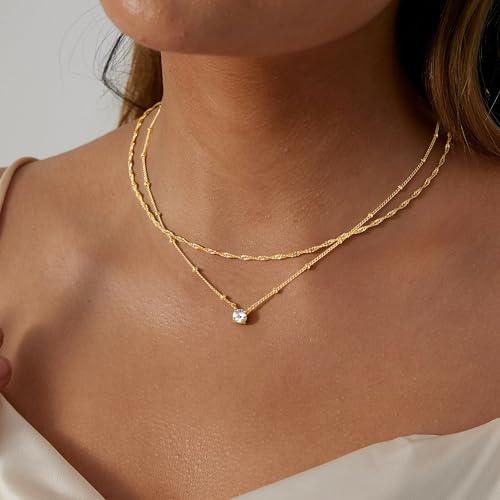 Yoosteel Layered 14K-Gold-Plated Necklace for Women,CZ Necklaces Stack | Dainty Cubic Zirconia Pendant Necklace,Simple Chain Choker Stackable,Trendy Jewelry,Wedding Bridesmaid Gifts - color: Layered Small CZ