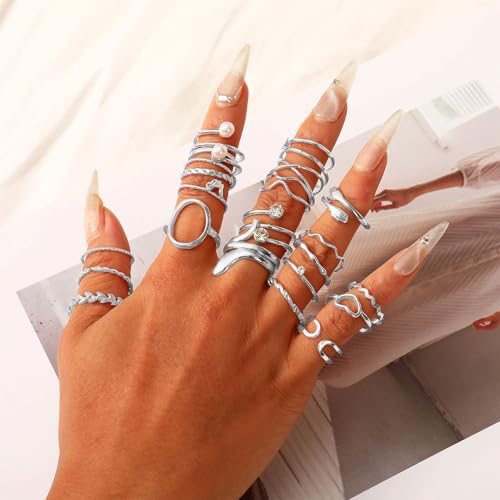 CHICUTIE Gold Knuckle Rings Set For Women Stackable Joint Finger Midi Rings Dainty Cubic Crystal Zirconia Simple Hollow Twist Cute Rings Pack Jewelry Gift - style: 47pcs Silver