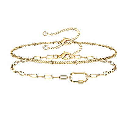 Dainty Gold Bracelets for Women, 14K Gold Plated Adjustable Layered Beads Bracelet Cute Evil Eye Oval Chain Pearl Bar Turtle Gold Bracelets for Women Jewelry - style: Beads Chain&Oval Screw Clasp