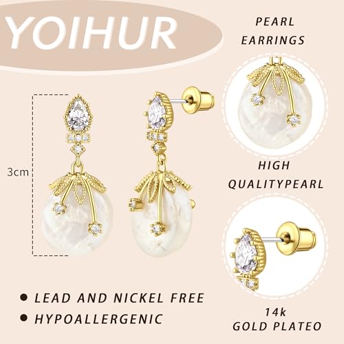 YOIHUR Drop Dangle Pearl Earrings for Women, Dainty 14K Gold Plated Pearl Hoop Earrings Hypoallergenic Wedding Pearls Dangle Earrings Jewelry Gift for Women Bridal - color: Gold-Pink Baroque Pearl Earrings