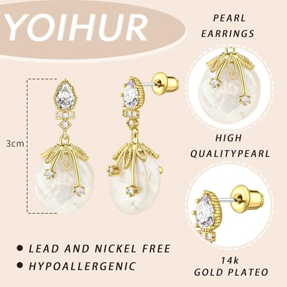 YOIHUR Drop Dangle Pearl Earrings for Women, Dainty 14K Gold Plated Pearl Hoop Earrings Hypoallergenic Wedding Pearls Dangle Earrings Jewelry Gift for Women Bridal - color: Gold-Pink Baroque Pearl Earrings