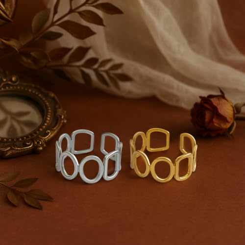 Geometric Heart Band Rings Gold Silver Stainless Steel Geometric Finger Rings with Hollow Circle Square Boho Thumb Open Statement Ring for DIY Women Party Decoration - style: Square, Round