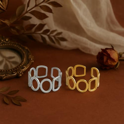 Geometric Heart Band Rings Gold Silver Stainless Steel Geometric Finger Rings with Hollow Circle Square Boho Thumb Open Statement Ring for DIY Women Party Decoration - style: Square, Round