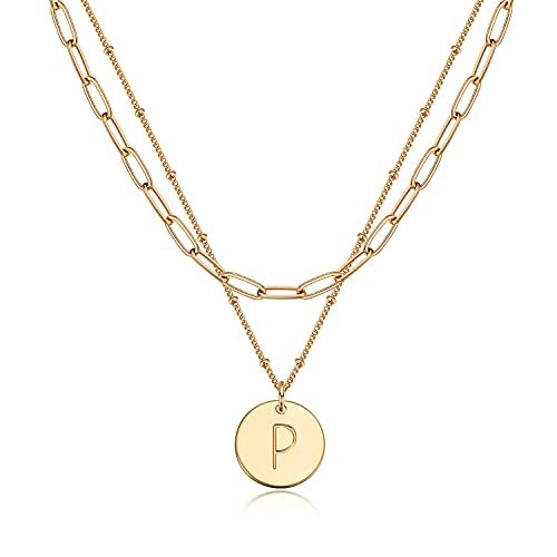 Valloey Rover Initial Necklaces for Women 14K Gold Plated Dainty Letter Necklce Round Coin Disc Pendant Double Side Engraved A-Z Necklace Personalized Jewelry Gift for Women - color: Layer-P