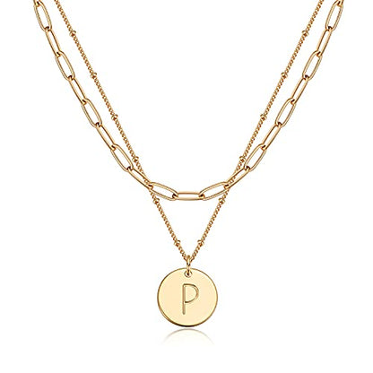 Valloey Rover Initial Necklaces for Women 14K Gold Plated Dainty Letter Necklce Round Coin Disc Pendant Double Side Engraved A-Z Necklace Personalized Jewelry Gift for Women - color: Layer-P
