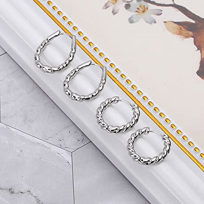 Wgoud 6 Pairs Chunky Gold Hoop Earrings for Women, 14K Gold Plated Hoop Earrings Hypoallergenic, Thick Lightweight Twisted Huggie Hoops Earring Set for Women’s Jewelry GIfts - color: 6 Pairs Silver