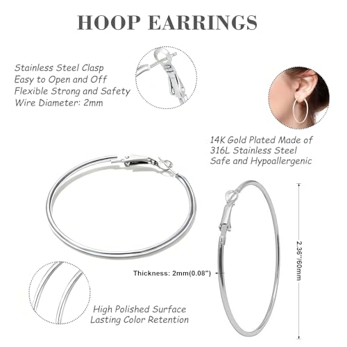 1 Pairs 60/70mm Silver 14K Gold Rose Gold Hoop Earrings for Women Hypoallergenic Stainless Steel Lightweight Big Hoops Shiny Dangle Earrings Trendy Jewelry Gifts - color: 60mm-Silver Hoop Earrings