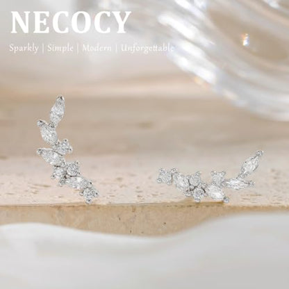 Ear Climber Earrings for Women, 14K Gold Plated/Silver Plated | Crawler Earrings Pierced with Cubic Zirconia, Hypoallergenic Cluster Stud Tragus Conch Daith Cartilage Jewelry Gift for Daily - color: Silver-2